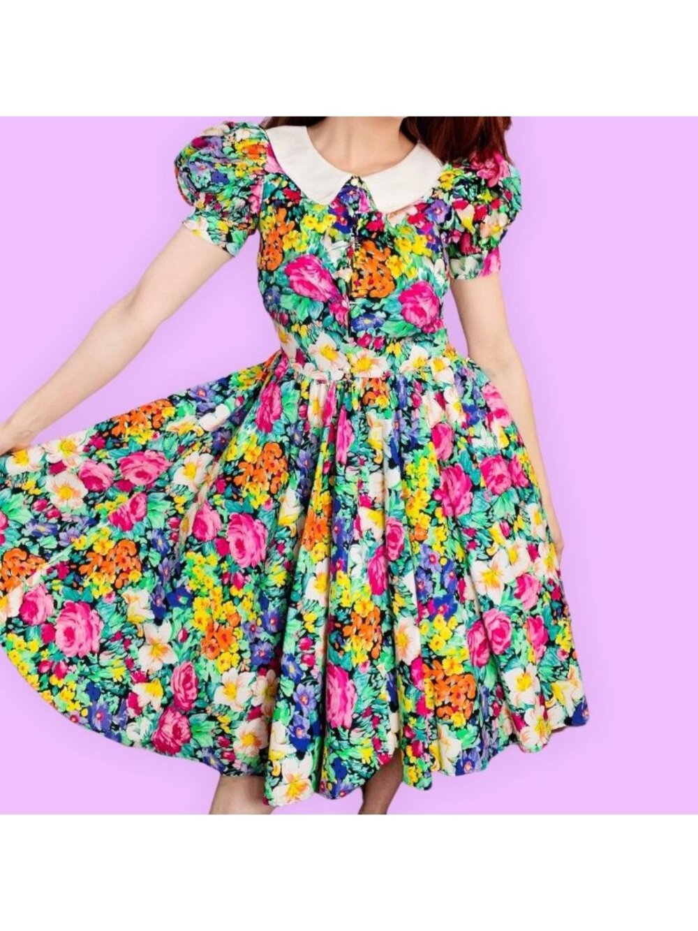 Vintage 80s Bryan Cottagecore Bright Floral Peter Pan Collared Pleated Dress XS